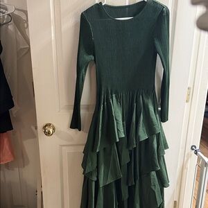 Girls Ruffled Long-Sleeve Green Party Dress